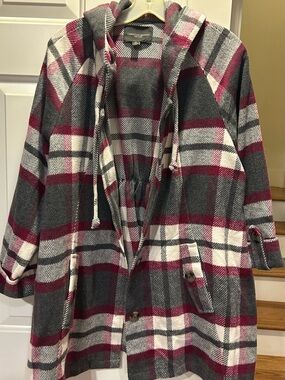 Christian Siriano Women's Hooded Plaid Coat - Charcoal Gray & Burgundy size XXL